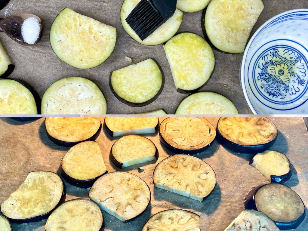 Auberginenscheiben auf einem Backblech, bereit zum Backen, mit einer Schale Olivenöl und einem Pinsel.