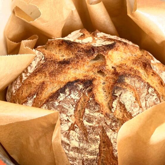 Brot selber backen, Ein frisch gebackenes Brot in einem gusseisernen Topf, umgeben von Backpapier.