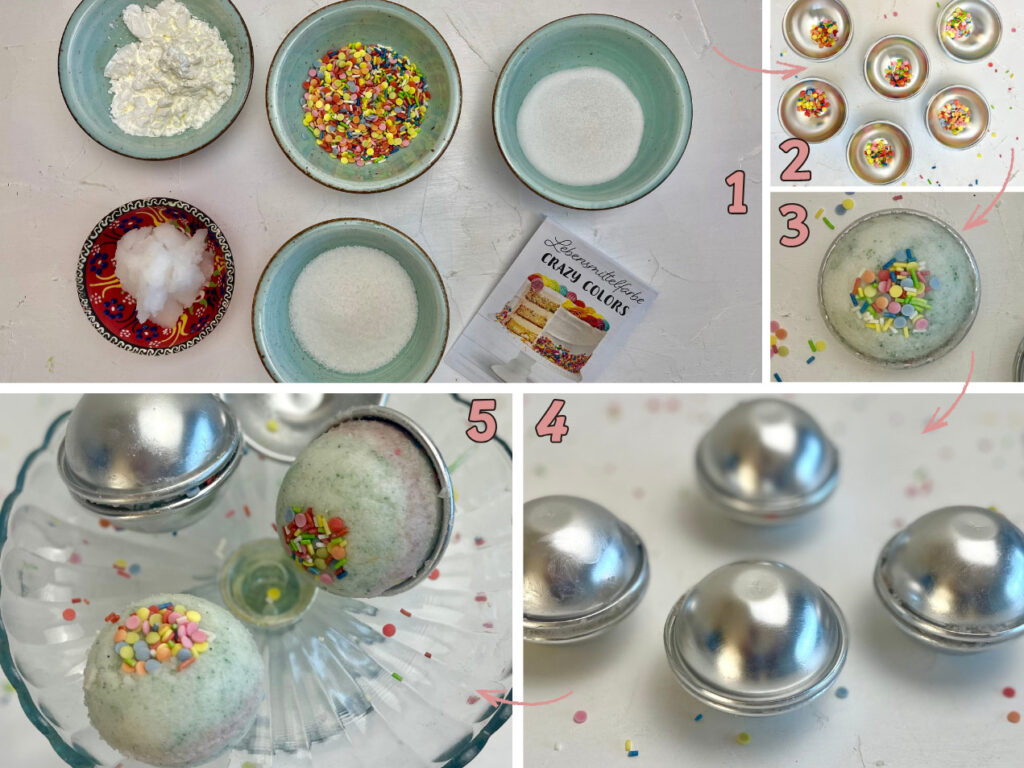 Zutaten und Arbeitsschritte für das bunte Badebomben Rezept, als Anleitung dargestellt