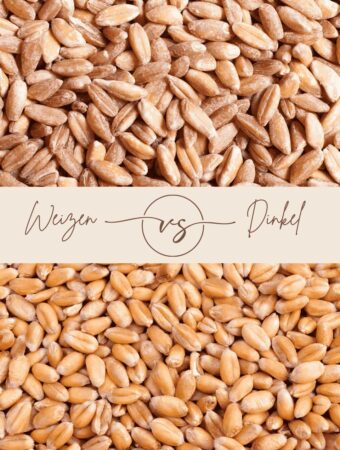 Weizen vs. Dinkel – die Körner im Direktvergleich, Vergleich Weizen- und Dinkelkörner, geteiltes Bild mit „Weizen vs Dinkel“ Typografie in der Mitte.