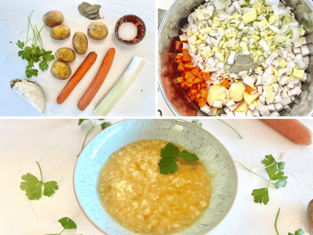 Collage mit Zutaten für Kartoffelsuppe, gewürfeltem Gemüse im Topf und fertiger vegetarischer Kartoffelsuppe in einer Schüssel.