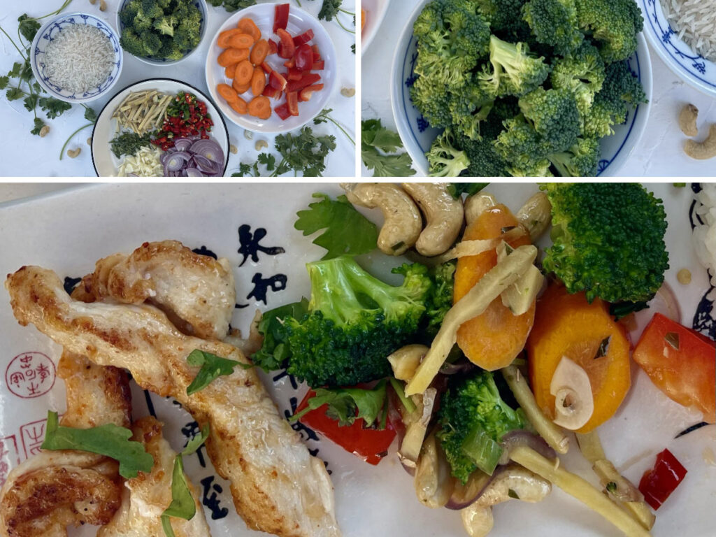 Übersicht aller Zutaten für Asiatisches Gemüse mit Huhn: Brokkoli, Reis, Möhren, Paprika, Chili, Ingwer, Zwiebeln, Kräuter und Cashews.